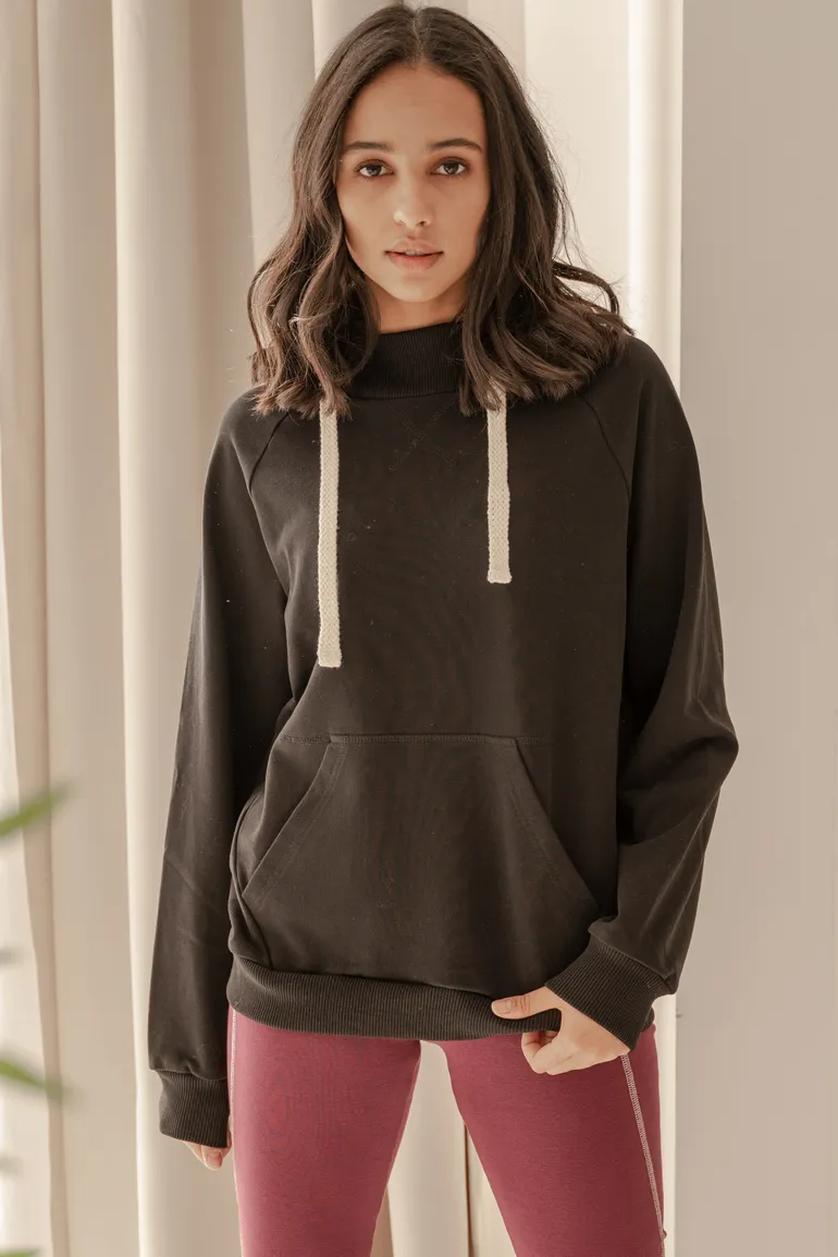 Lace Up Neck Tie Hoodie